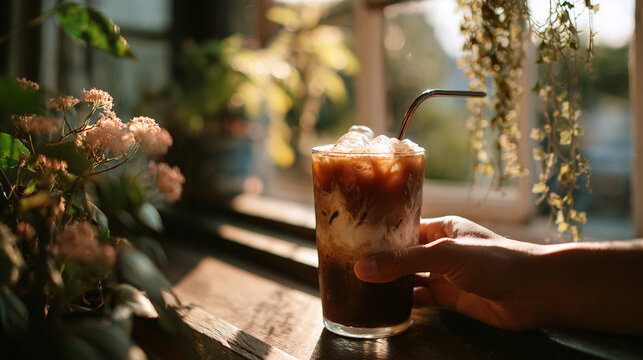 Hand Holding Iced Coffee by Sunlit Window with Lush Greenery