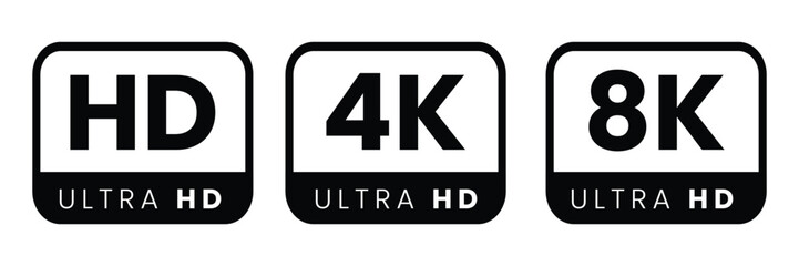 Stunning HD, 4K, and 8K Ultra HD resolution icons for modern digital displays and technology
