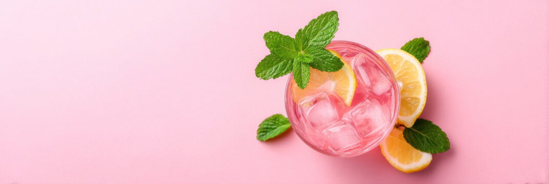 A refreshing glass of pink lemonade with ice, garnished with fresh mint leaves and lemon slices, set against a pastel pink background.