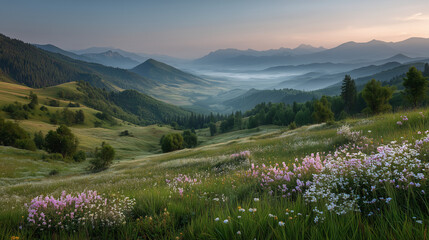 Obraz premium Calm sunrise over misty spring valley with fresh green grass and blooming wildflowers creating peaceful and serene mountain landscape under soft pastel sky light