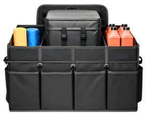 Automotive trunk organizer with cooler bag and fluid bottles on a transparent background