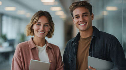 Two young professionals smiling while holding digital devices in a modern office