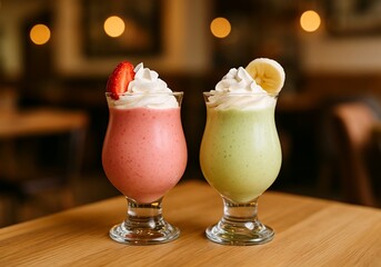 Strawberry and banana-lime milkshakes with whipped cream, cozy café scene 