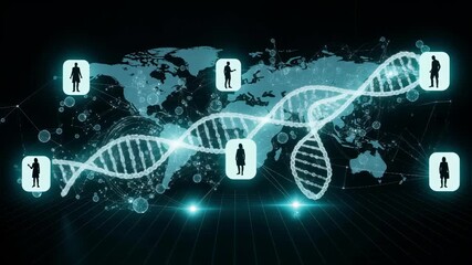 Animation of a dna helix over a world map connecting people icons, a concept for global healthcare, genetic research, biotechnology, and ancestry - Powered by Adobe
