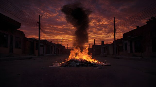 A burning trash heap in a desolate urban street