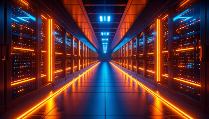 Bright Futuristic Hallway with Vanishing Point Perspective and Server Racks Glowing in Orange and Blue Light for a High Tech Digital Atmosphere