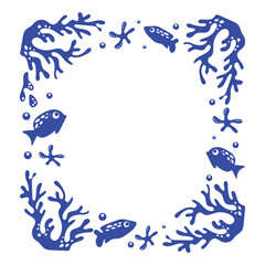 Frame with blue silhouettes of sea inhabitants and algae with bubbles undersea in simple style. Underwater world. Monochrome template with fishes. Vector design for stickers, postcards, stamps.