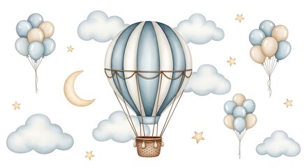 Whimsical watercolor hot air balloon with clouds and balloons isolated on transparent background