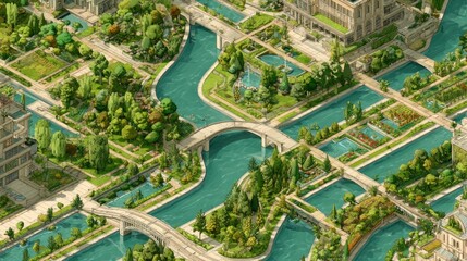 A meticulously planned city with canals and gardens