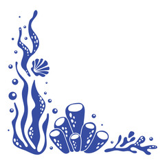 Frame with blue silhouettes of sea inhabitants and algae with bubbles undersea in simple style. Underwater world. Monochrome template with fishes. Vector design for stickers, postcards, stamps.