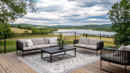 Obraz premium Relax on this beautiful wood deck with comfortable patio furniture. Enjoy the stunning lake and mountain views.