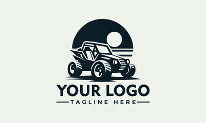 A rugged off-road vehicle logo design, set against a stylized sunset or sunrise.
