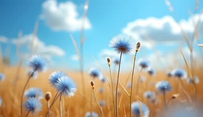 Obraz premium Blue Wildflowers Blooming in Golden Wheat Field under Sunny Sky