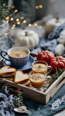 Fototapeta premium Decorative Autumn Tea Party with Orange Pumpkins and Sandwiches