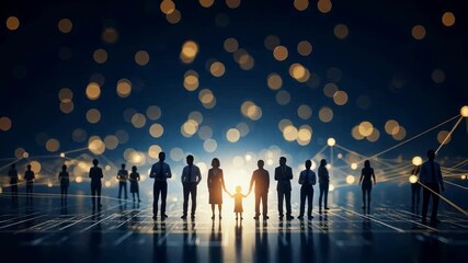 A silhouette of a diverse business team and a child in the center, connected by a glowing digital network, a concept of global community, future technology and humanity - Powered by Adobe