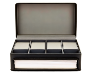 Leather storage box with four compartments and stack of white cards on a transparent background