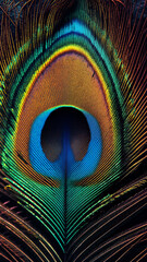 Colorful peacock feather close up background, single feather texture design, detailed pattern macro view, full page wallpaper, 4k image