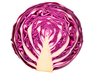 Fresh red cabbage cross-section showing vibrant purple and white layers on a transparent background
