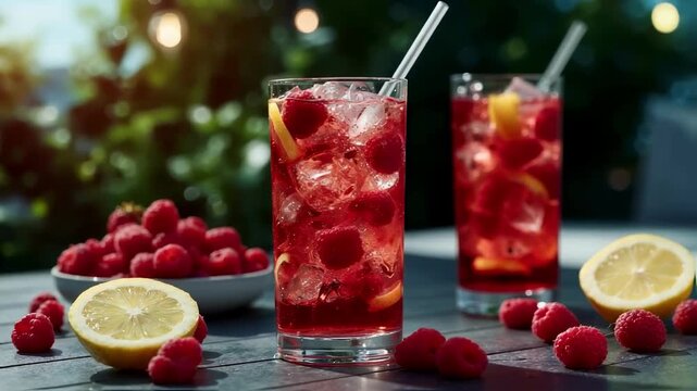 Two glasses of refreshing raspberry lemonade with ice and a straw on an outdoor table on a sunny day, a concept for summer drinks, non-alcoholic cocktails and bar menus