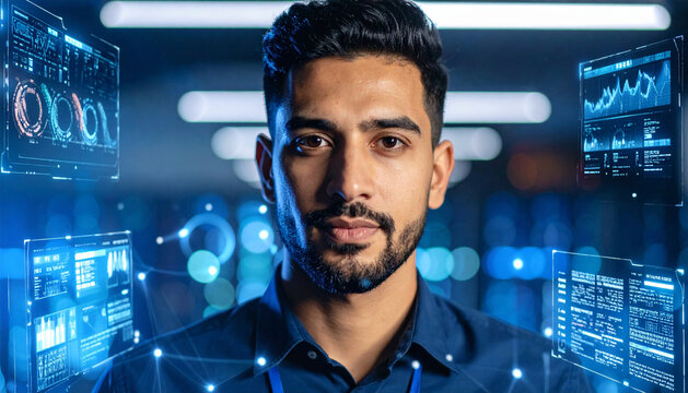 Futuristic AI-generated digital human avatar with glowing elements