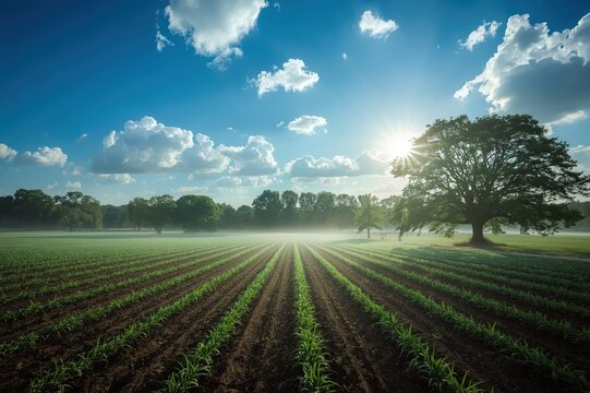 Countryside farm field agricultural rows green crops - sustainable agriculture organic farming rural cultivation landscape farmland environment countryside development agricultural land

