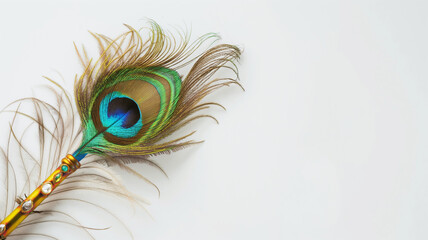 Krishna bansuri with peacock feather, Hindu devotional artwork, divine flute of Lord Krishna, Janmashtami theme, white background, 4k image