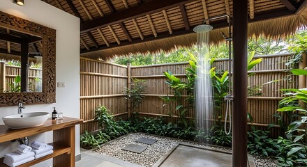Luxury tropical bathroom with outdoor shower and natural surroundings in Bali