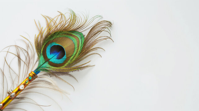 Krishna bansuri with peacock feather, Hindu devotional artwork, divine flute of Lord Krishna, Janmashtami theme, white background, 4k image