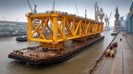 Industrial Engineering: A large, yellow steel construction, an engineering marvel, is being transported across the water. The scene is a testament to the scale of the industry.