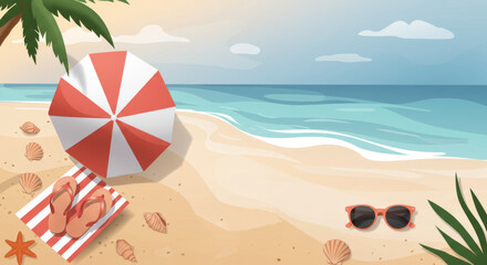 Tropical beach scene with umbrella, sunglasses, and seashells for summer relaxation design