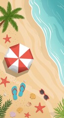 Tropical beach scene with umbrella and flip flops for summer relaxation design