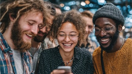 Shared Laughter and Connection: A close-up shot captures a diverse group of friends engaged in a moment of shared amusement.