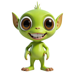 Fototapeta premium A cheerful green cartoon alien with large brown eyes and pointed ears stands smiling
