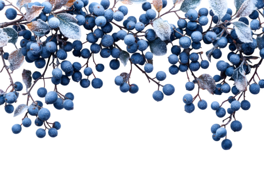 Winter holiday card with blue berries and snowflakes isolated on white background