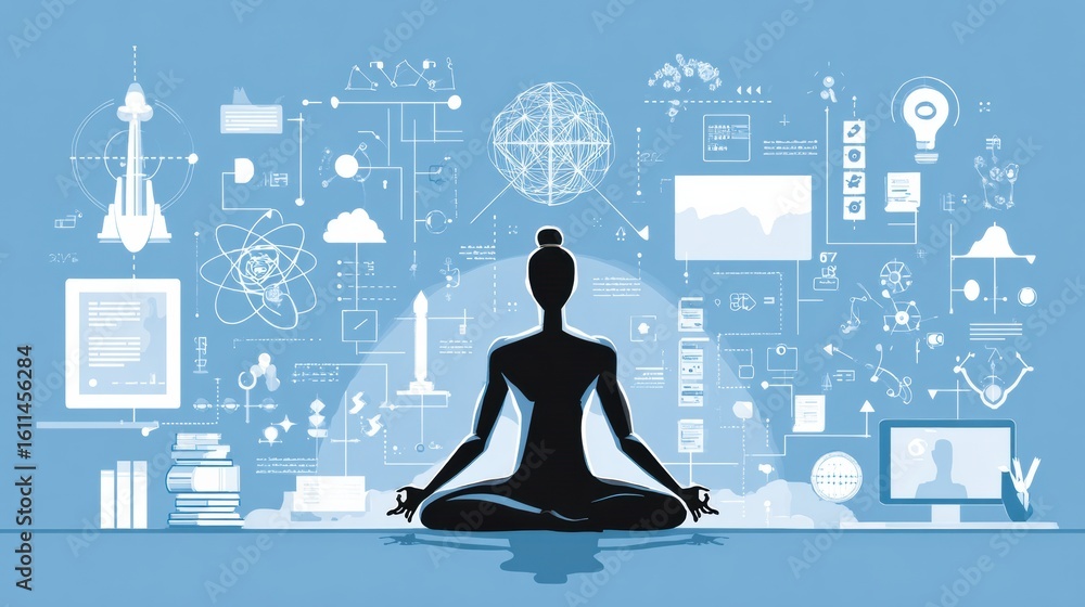 Poster meditating figure surrounded by symbols of knowledge and intellect in a calm, organized space