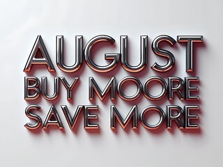Bold, metallic text display of the phrase "August Buy Moore Save More"