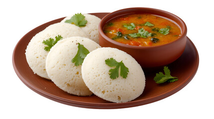 A plate of idli with sambar, a traditional south indian dish isolated on transparent background