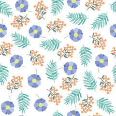 coquette seamless orange and blue flowers pattern. Delicate petals and vibrant blossoms create an artistic and vintage botanical illustration. pastel flower seamless pattern