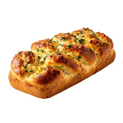 Golden brown garlic herb bread loaf with melted cheese isolated on transparent background