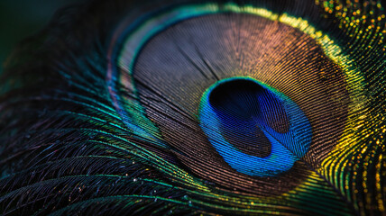 Obraz premium Peacock feather zoomed in macro shot, full frame texture art, bright iridescent colors, elegant single feather closeup for wallpaper, 4k image