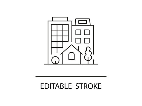 Modern city living with house and trees, perfect for real estate or urban planning projects, clean line art design for versatile use.