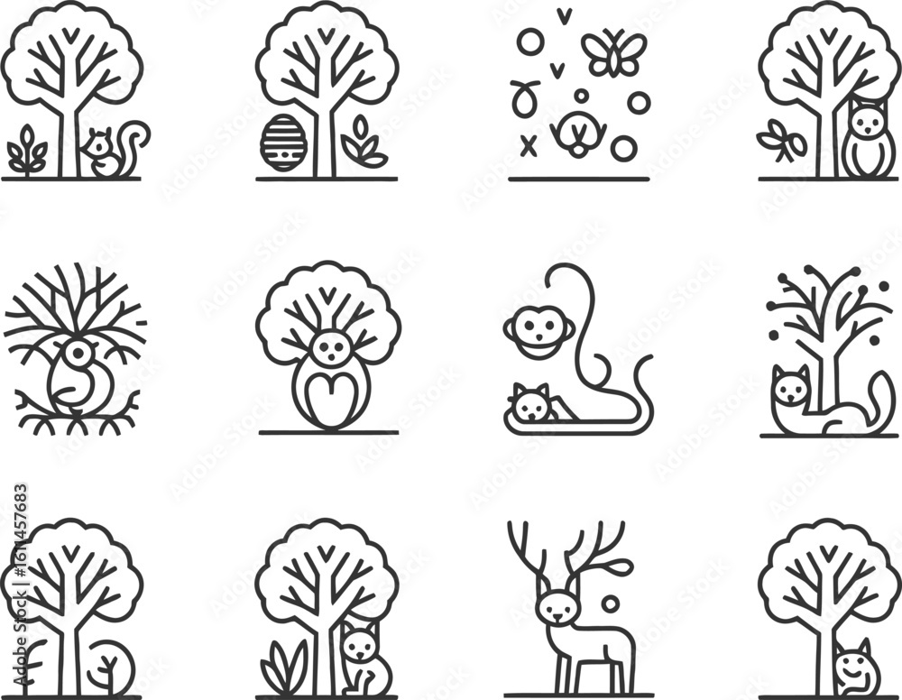 Poster collection of stylized trees with animals and nature elements in a simple line art style