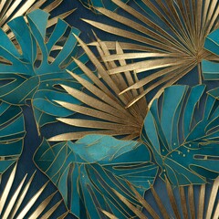Teal and gold monstera and palm leaves on dark blue background monstera leaves tropical leaves