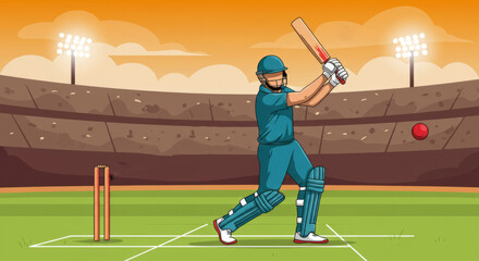 Dynamic cricket match scene with batter hitting ball in stadium setting