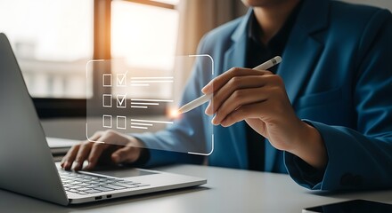 Obraz premium Businessperson Using Stylus on Digital Checklist
