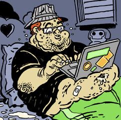 Illustration of stereotypical internet forum moderator sitting at computer in dark room, humorous concept of online power and moderation - Cliché of a coomer