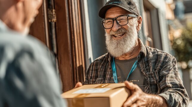 Prompt Delivery with a Smile: A friendly courier delivers a package to a recipient, the scene a moment of friendly interaction and reliable service. Capturing a sense of reliability, customer care.