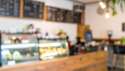 Obraz premium Blurred background of coffee shop interior or cafe. Modern design.