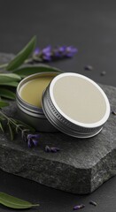 Natural lavender balm on stone surface for aromatherapy and skincare