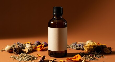 Aromatherapy essence bottle surrounded by dried herbs and flowers for spa and wellness